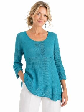 J. Peterman Teal Bamboo Viscose Pointelle Knit 3/4 Sleeve Longline Top Large